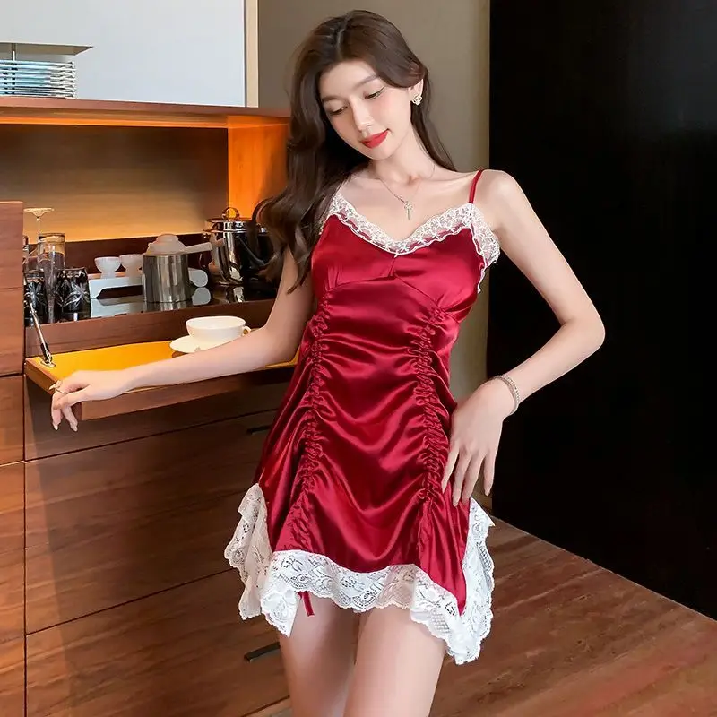 2024 New Spring Summer Pajama Ladies Lace Halter Nightdress Solid Color Ice Silk Drawstring Sleepwear V Neck Lacework Nightgown