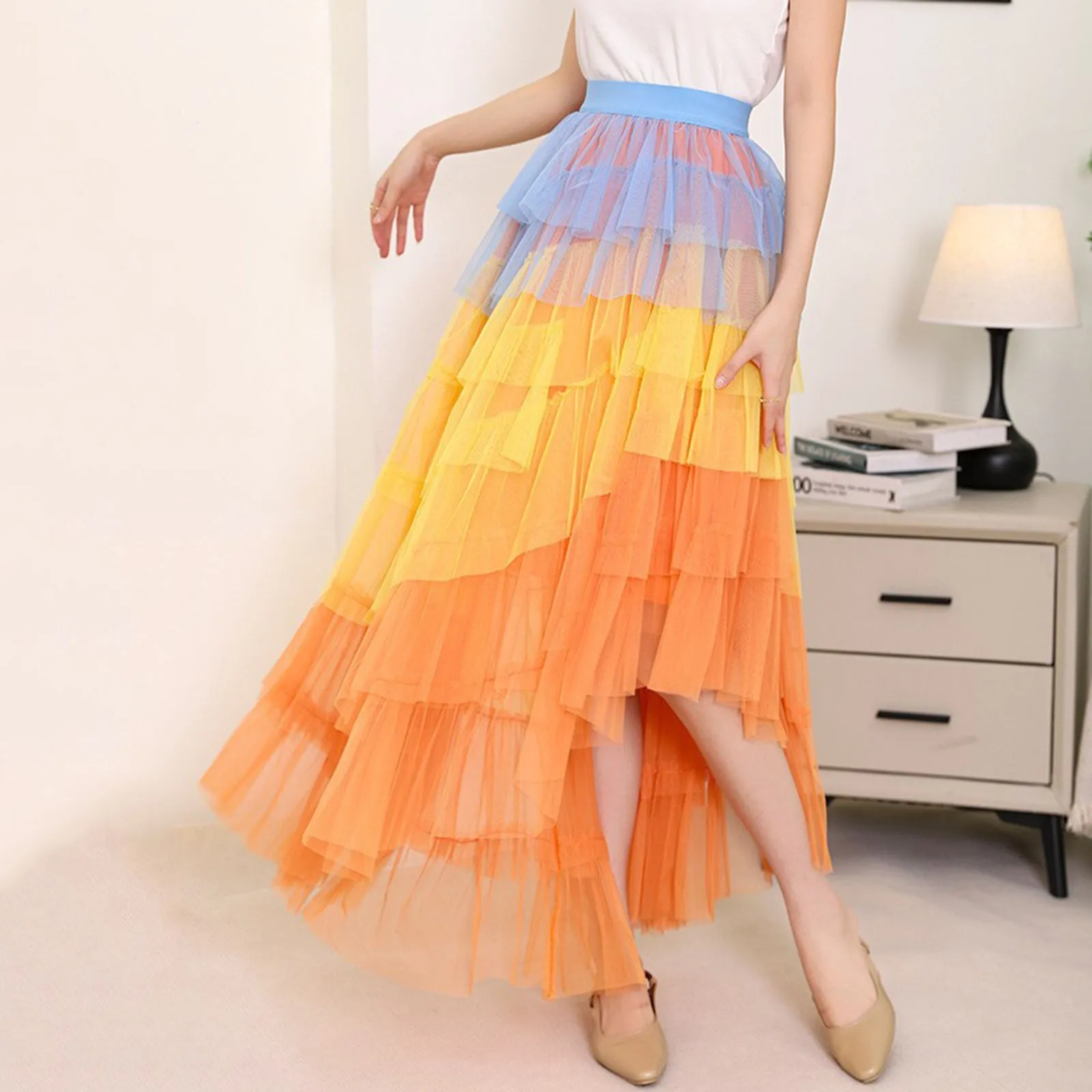 

Women's Cake Skirt 2024 New Fashion High Waist Irregular Mesh Fluffy Skirts Rainbow Combination Color Gentle Fairy Style