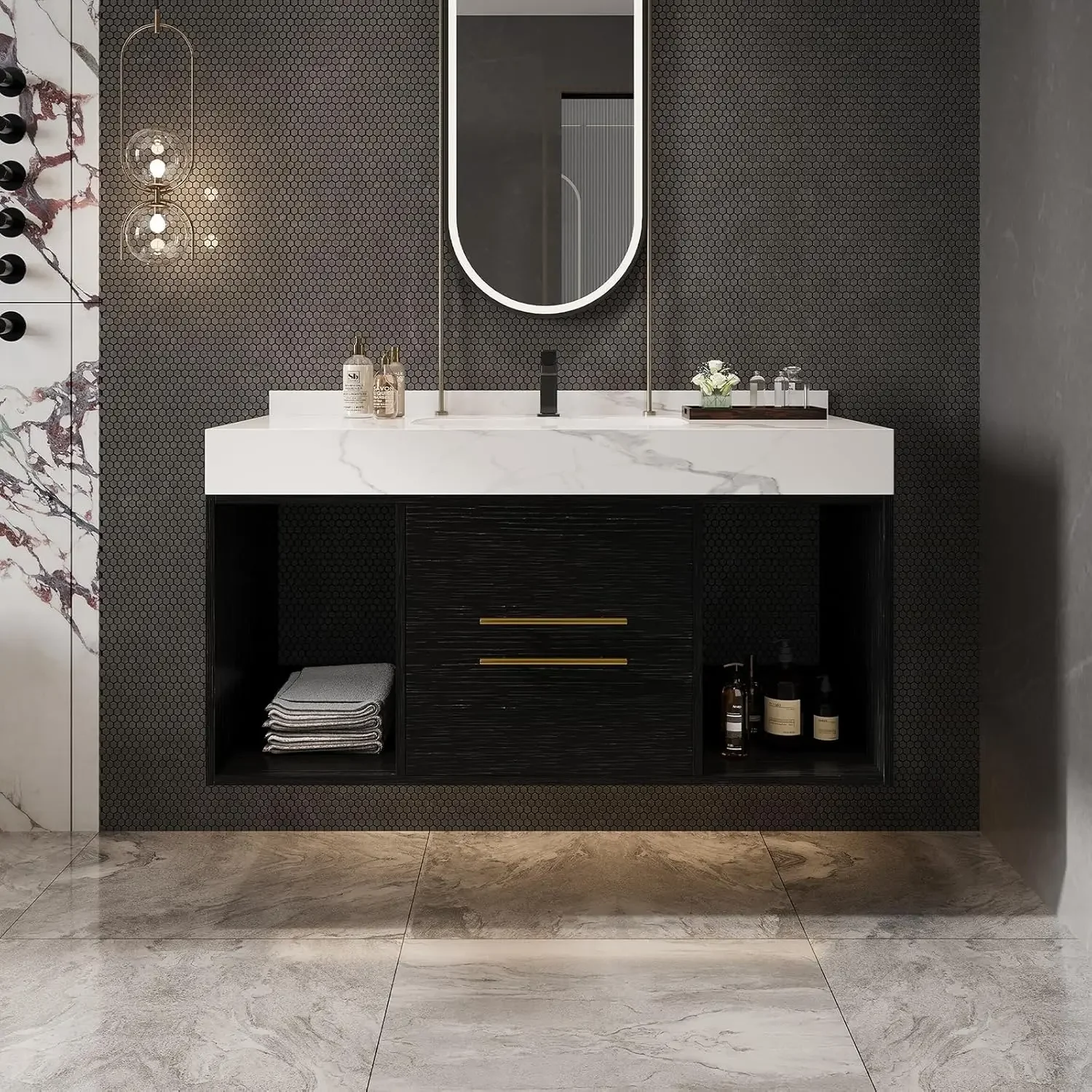 40 Inch Modern Wall Mounted Bathroom Vanity with Ceramic Sink. Quick Assembly Solid Wood Floating Bathroom Vanity Cabinet 5