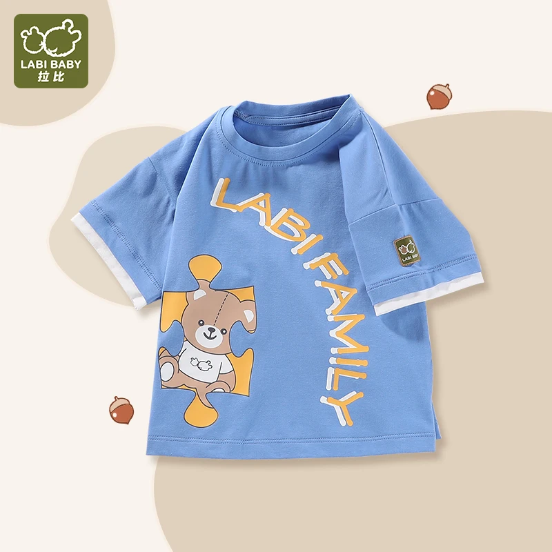 

LABI BABY Casual Loose Round Neck Top for Boys and Girls, Letter Little Bear Printed, Short Sleeved, Summer