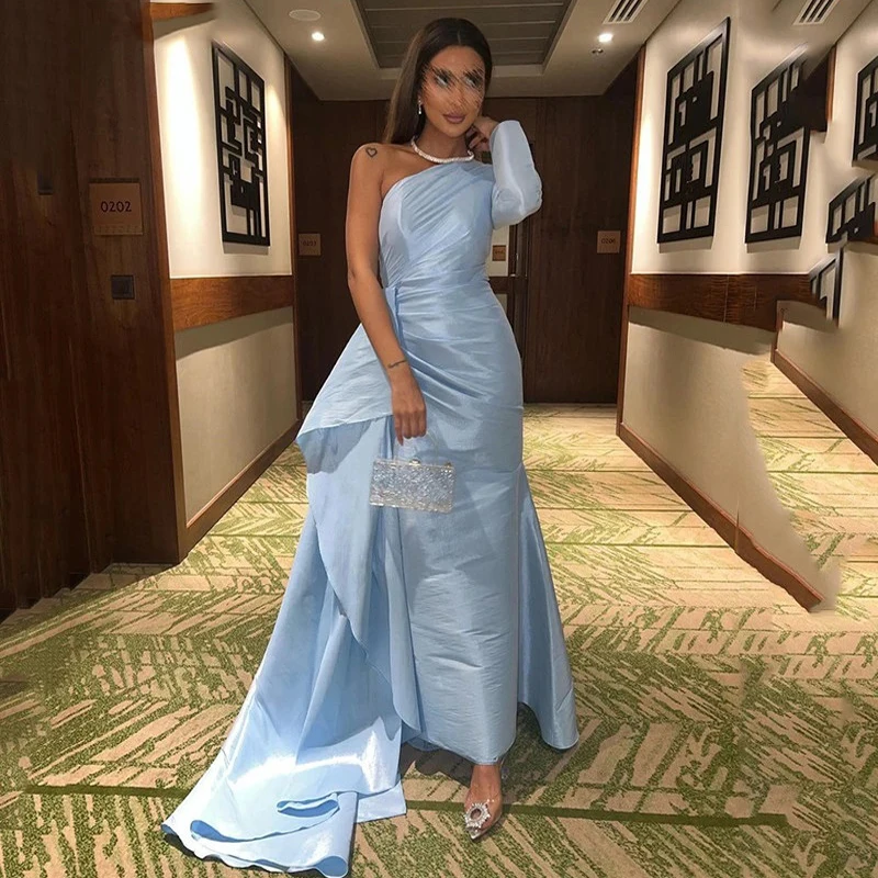 

Sky Blue Prom Dress Sexy Mermaid Sexy One Shoulder Evening Gowns Pleats Saudi Arabia Side Split Wedding Party Dress 2023