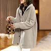 Women's Mid-Length Hooded Double-Sided Woolen Jacket Autumn Winter Fashion Casual Loose Top Polyester Fiber Full Sleeve