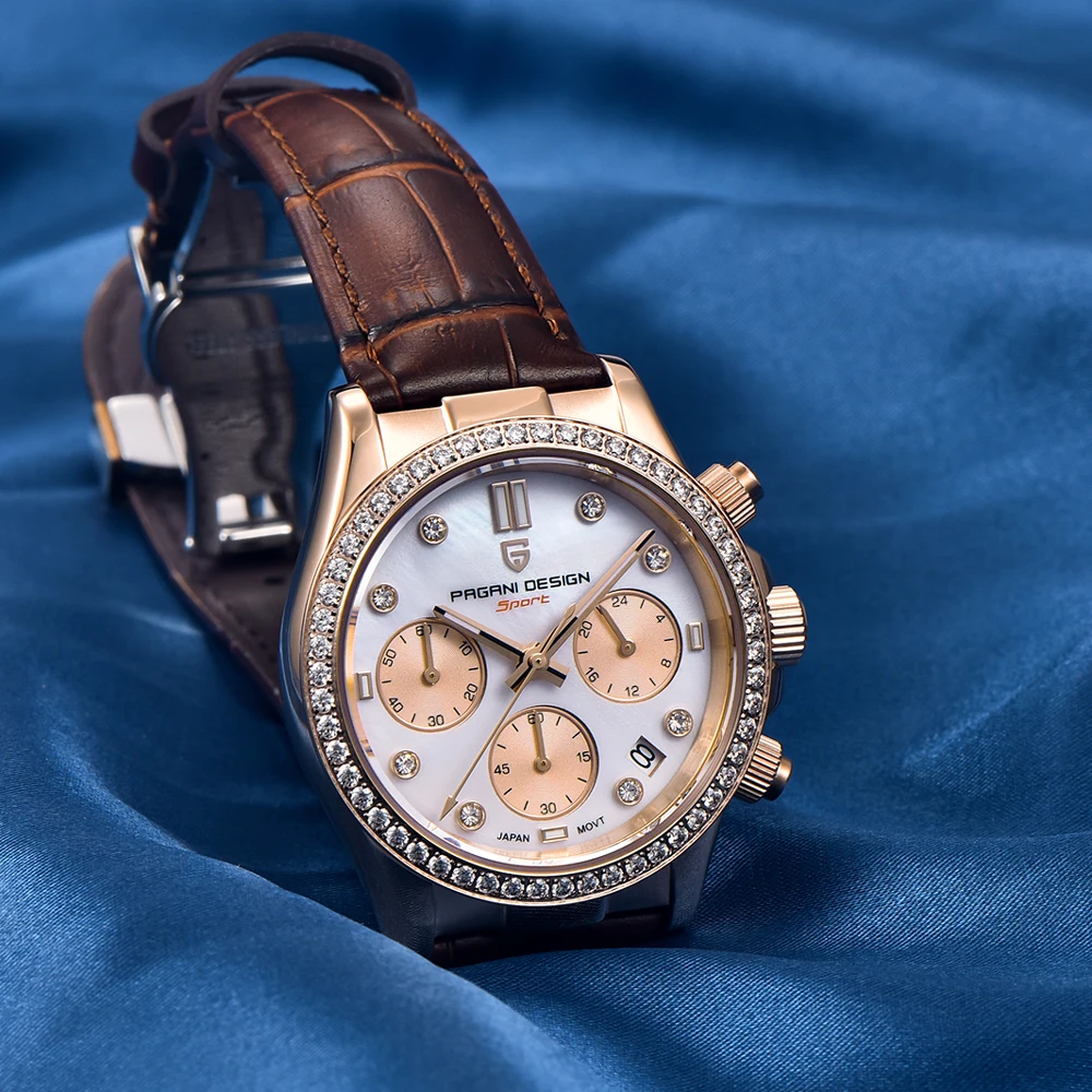 PAGANI DESIGN Women's Watches Gold Quartz Wristwatches Chronograph Watch For Women Leather Waterproof Sapphire Glass Reloj Mujer