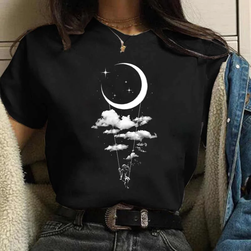 

Women's T-Shirts Funny Harajuku 90s Girl Moon Cartoon Graphic T shirts Leisure O-neck Black Ladies Tees Star Printing Loose Tops