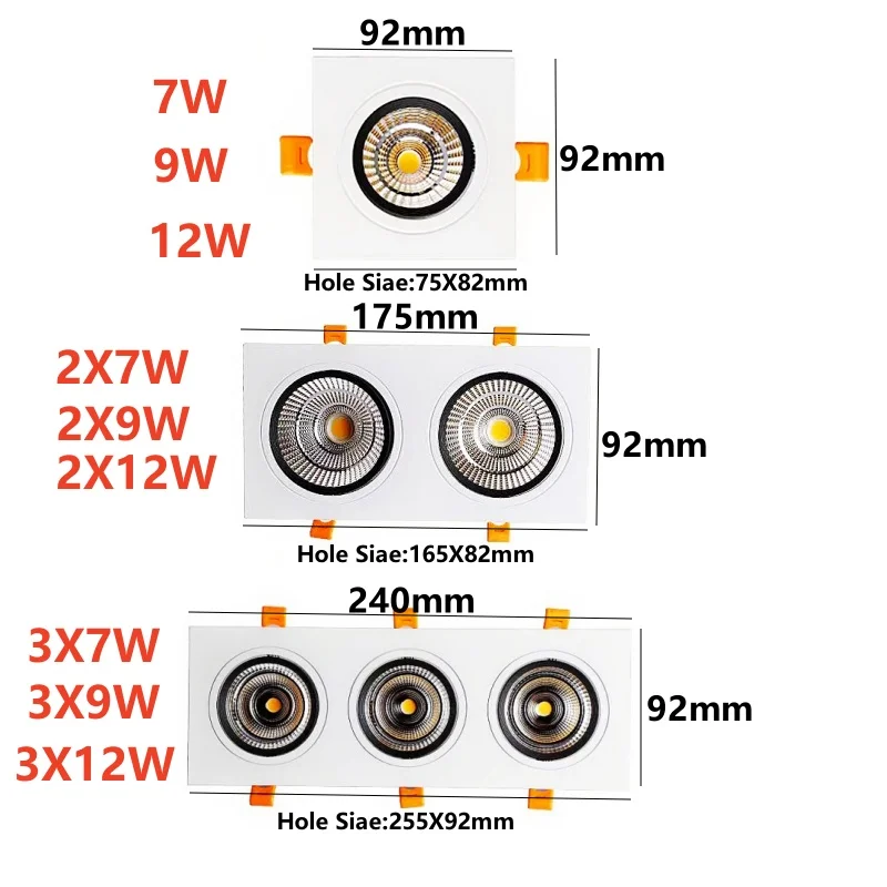 LED spotlights Single and double COB downlights three square grille mall living room bedroom AC85-260V14W 18W24W indoor lighting led downlight recessed ceiling spotlight ceiling lamps