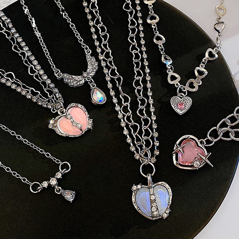 Rosa Kristallherz-Anhänger Halskette für Frauen Exquisite Silberfarbene Schlüsselbeinkette Kpop Trendiger Hochzeits-Ästhetik-Schmuck Geschenk – Detail 1