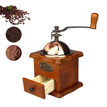 Antique Manual Coffee Grinder – Hand Crank Wooden Bean Mill with Ceramic Burr, Retro Vintage Coffee & Spice Grinder 1