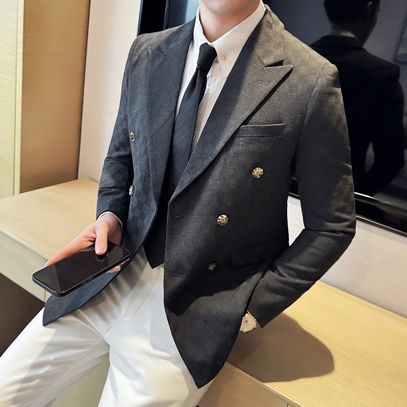 Men Blazers Coats Double Breasted Checkered Slim Fit Business Suit Jacket 5XL-M 6 Color men suits jackets