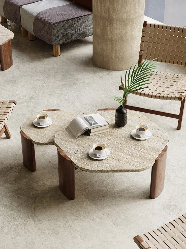 

Silent Wind Marble Creative Light Luxury Cave Stone Tea Table Small Unit Living Room Household Solid Wood Tea Table Modern