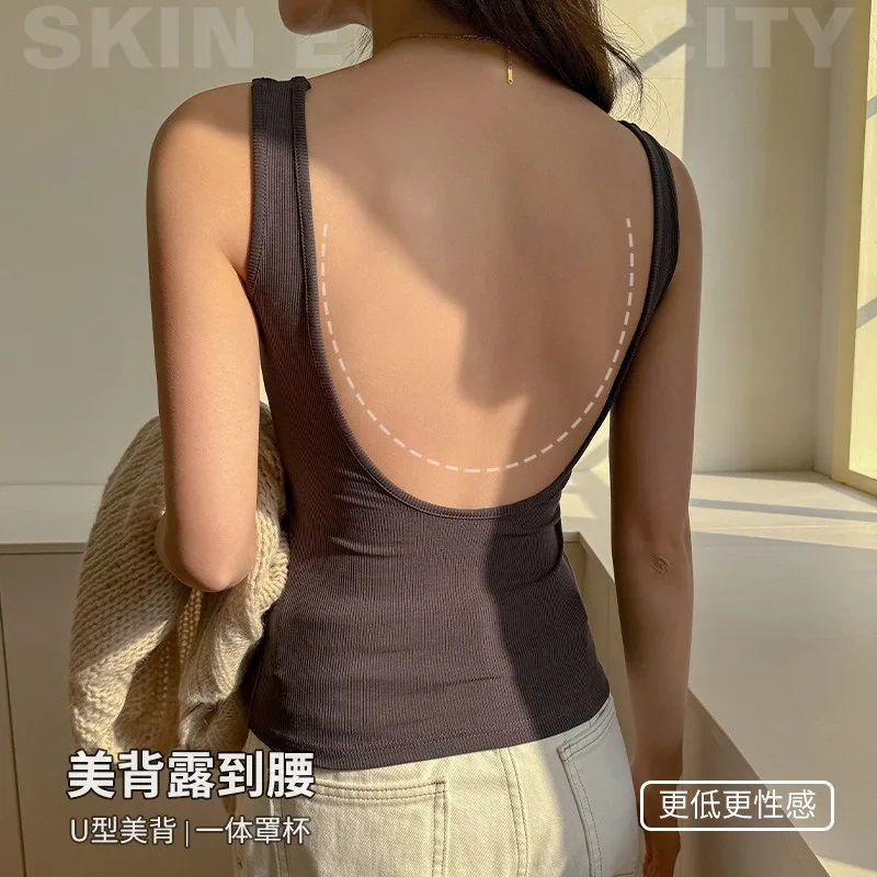 Women's Summer Sling Vest Top with Chest Pad & Beautiful Back - Modal Square Neck Halter Sleeveless