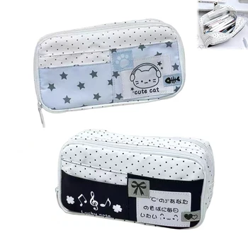 Astuccio con Motivo Gatto e Design a Pois Blu, Borsa per Matite per Studenti, Forniture Scolastiche, Astuccio Multistrato di Grande Capacità