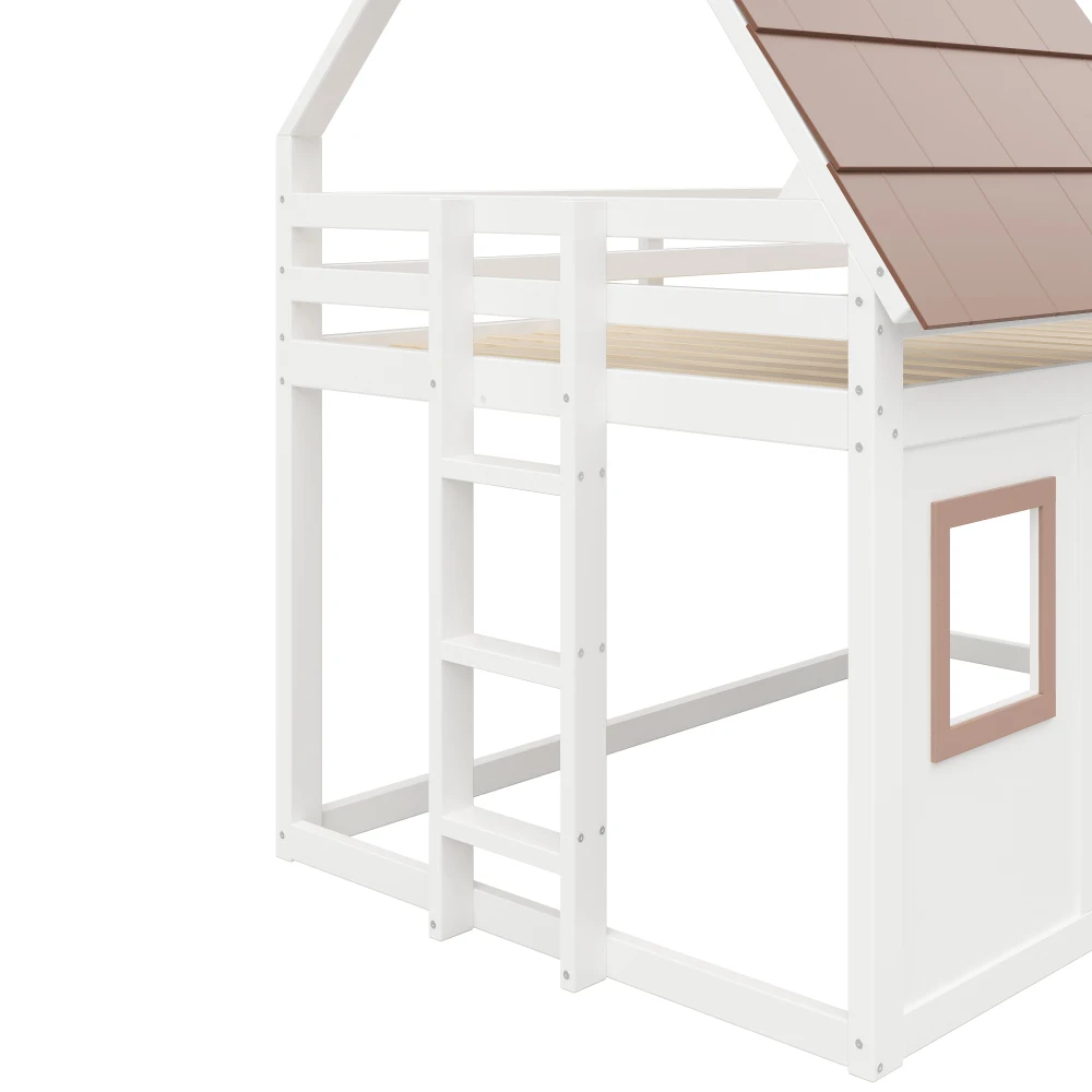 140 X 200cm Holz-Etagenbett mit Dach und Leiter, Hausförmiges Etagenbett mit Fenster und Integrierter Leiter, Geeignet für Schlafzimmer – Detail 11