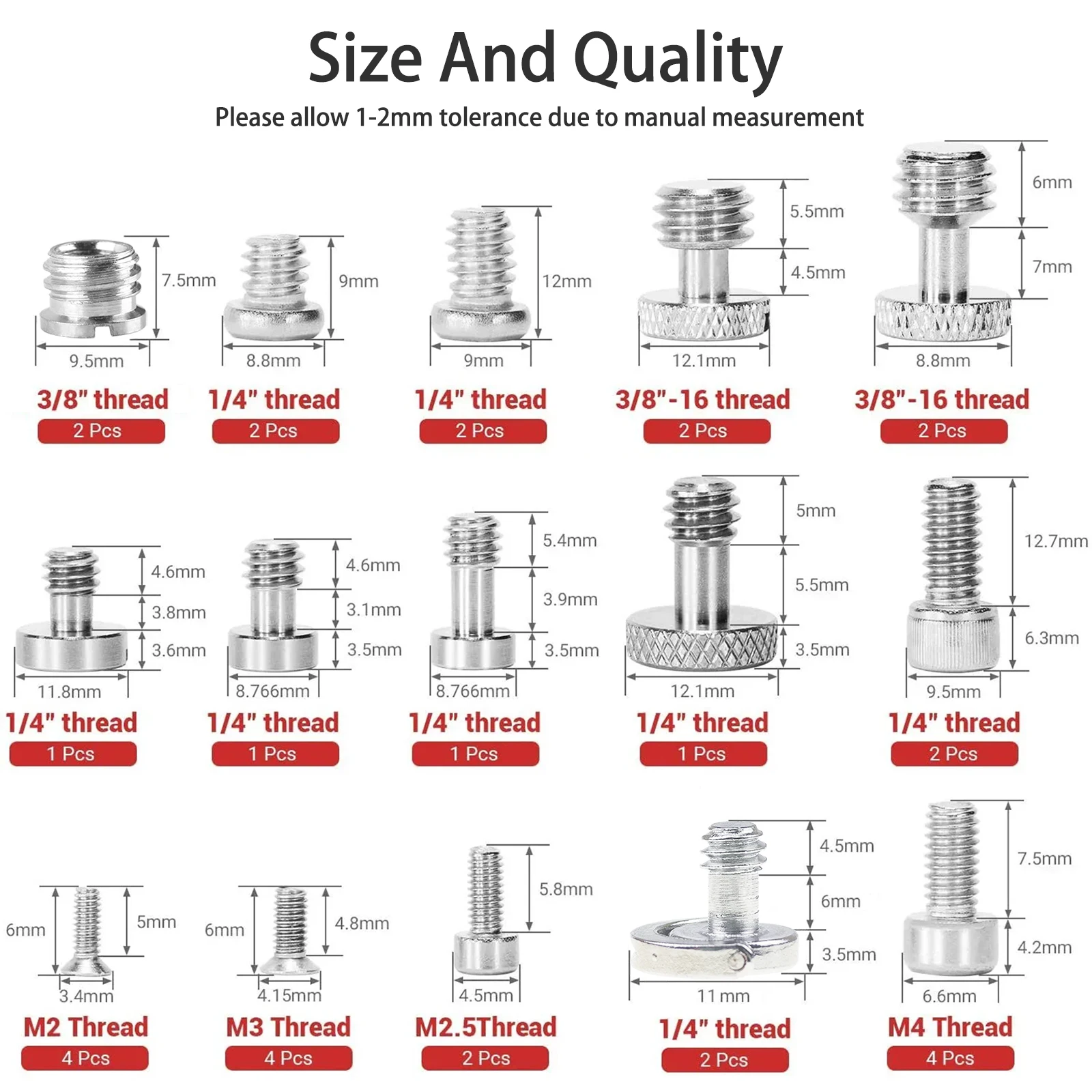 30개 카메라 나사 삼각대 나사 어댑터 팩 1/4, 3/8, M2, M2.5, M3, M4 퀵 릴리스 플레이트 마운트