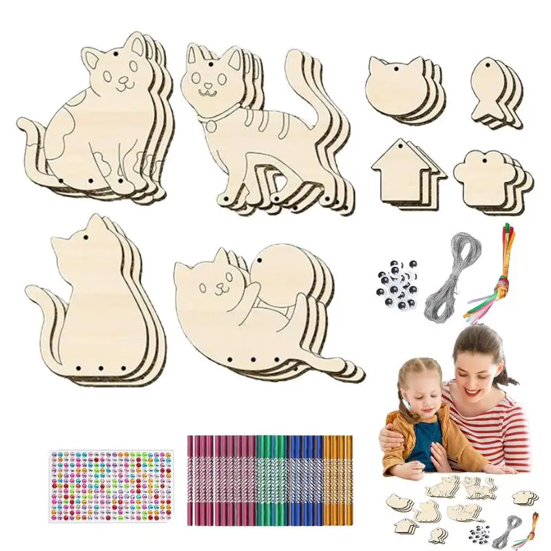 Make A Wind Chime 12 Pack Kids Spring Crafts Projects Unfinished Wooden Coloring Ornaments Create Cat