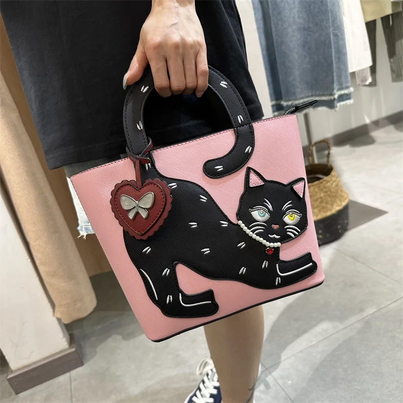 

Нишевая дизайнерская сумка для женщин, новинка 2024, модная мультяшная сумка с вышивкой и милым котом, универсальная сумка-мешок через плечо, сумка-тоут
