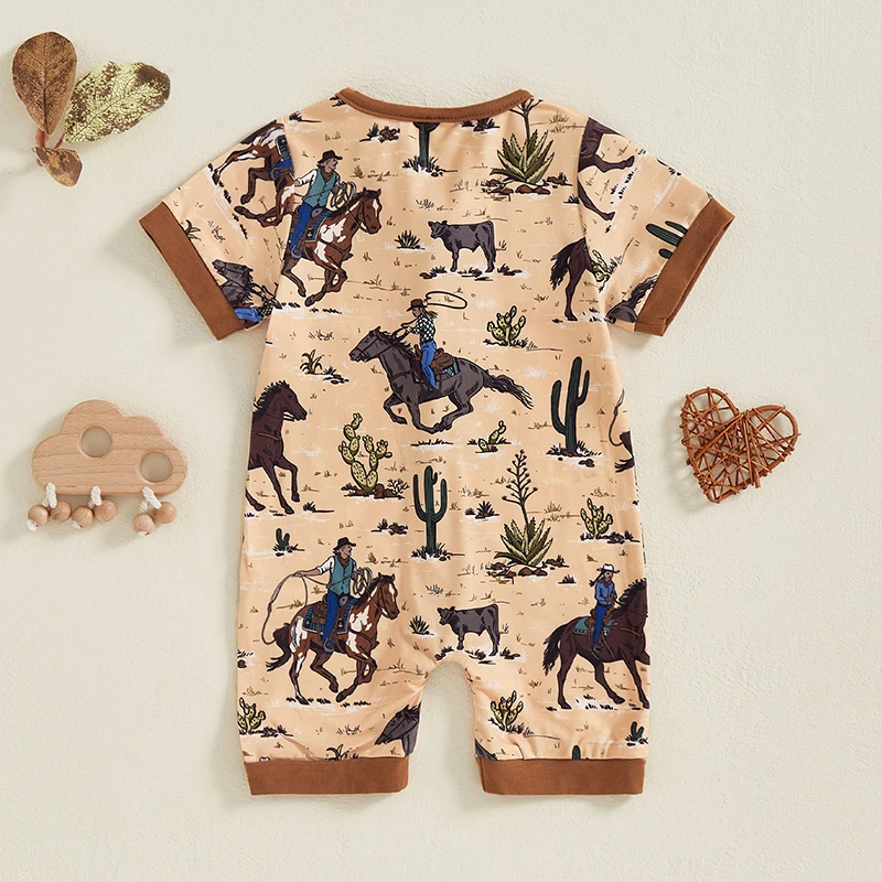 2024-12-03 Lioraitiin Newborn Baby Boy Western Romper Short Sleeve Round Neck Horse Print Jumpsuit Playsuit 6