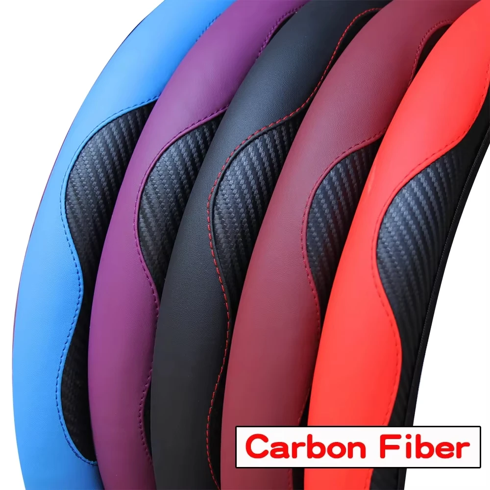 Breathable PU Leather Anti-Slip Car Steering Wheel Cover - Carbon Fiber Design, 38cm