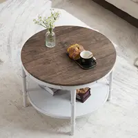 VINGLI 25.6" Dark Walnut White Round Farmhouse Coffee Table, 2-Tier Storage Wood Center Circle Accent Table for Living Room, Bed 1