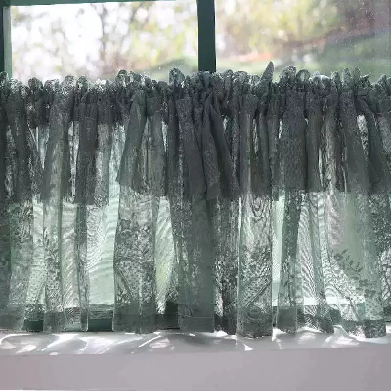 Korean/Japanese Double Pleated Dark Green Lace Short Curtains Korea Pastoral Geometric Half Curtains for Kitchen Valance #A585 4