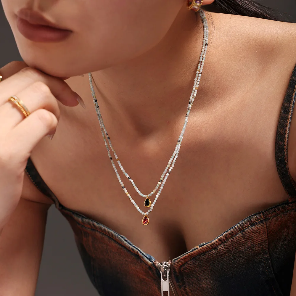 316 Edelstahl Anhänger Zirkon Halskette Frauen Mode Bunte Naturstein Perlen Kette Damen Luxus Schmuck Zubehör – Detail 2