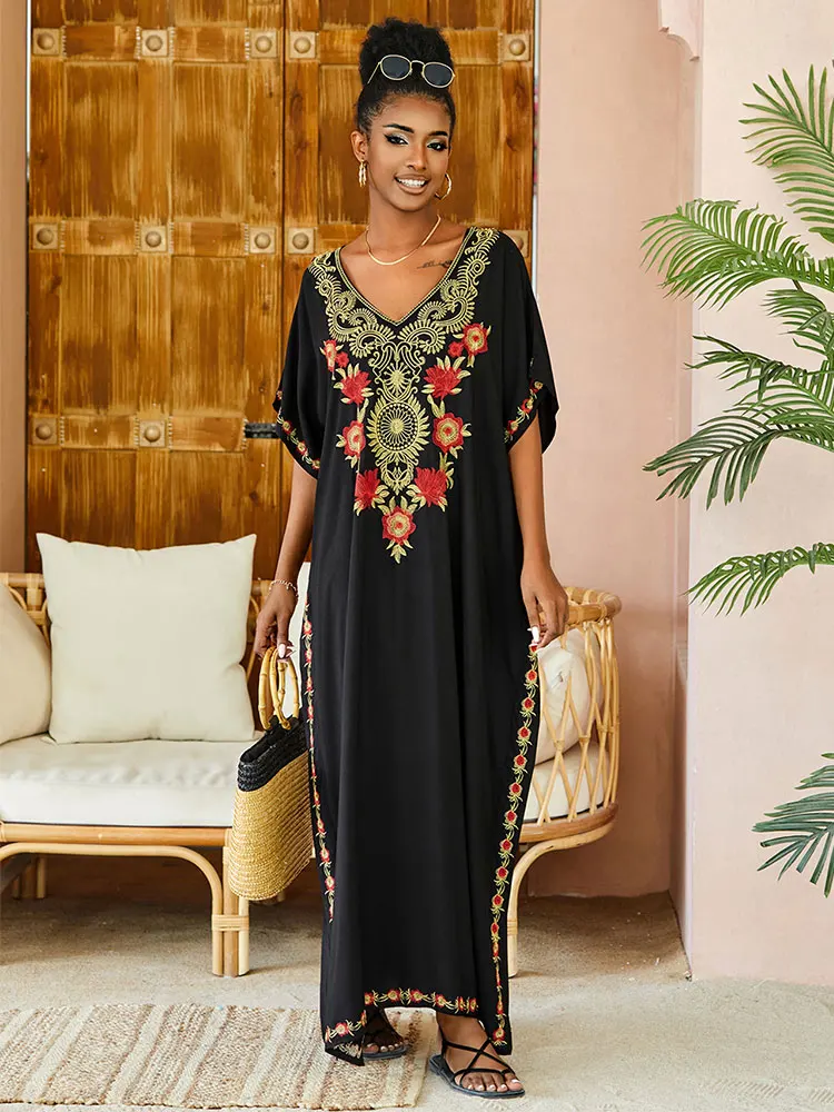 

2023 Повседневный кафтан с V-образным вырезом и коротким рукавом и вышивкой на пуговицах, Макси-Платье, туника, женская летняя одежда, пляжная одежда, купальник, накидка Q1490