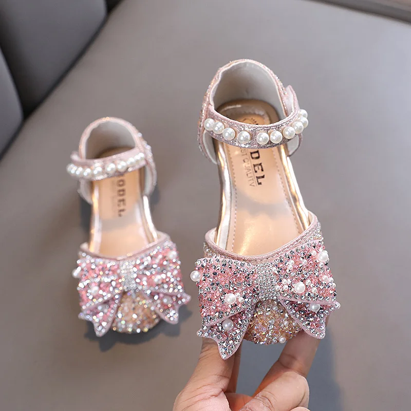 Kids Shoes Baby Shoes Sweet Girl Princess Shoes Fashion Rhinestone Pearl Bow Baby Shoes Kids Party Children's Dance Little Girls Leather New G83