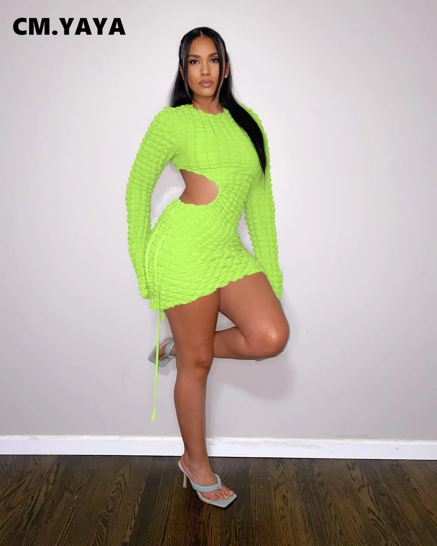 Women Fashion Long Sleeve Seersucker Drawstring - Main Image