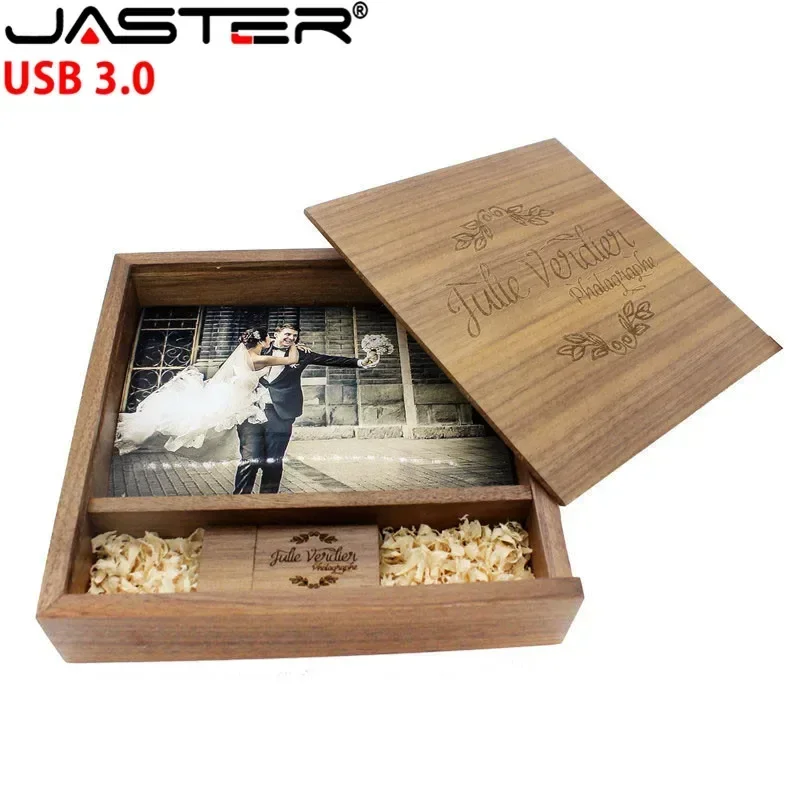 Unidad flash USB 3.0 de madera con logotipo gratuito, 4 GB, 8 GB, 16 GB, 32 GB, 64 GB, 128 GB, caja para memoria USB de 6 x 4 para fotografía, regalo de boda