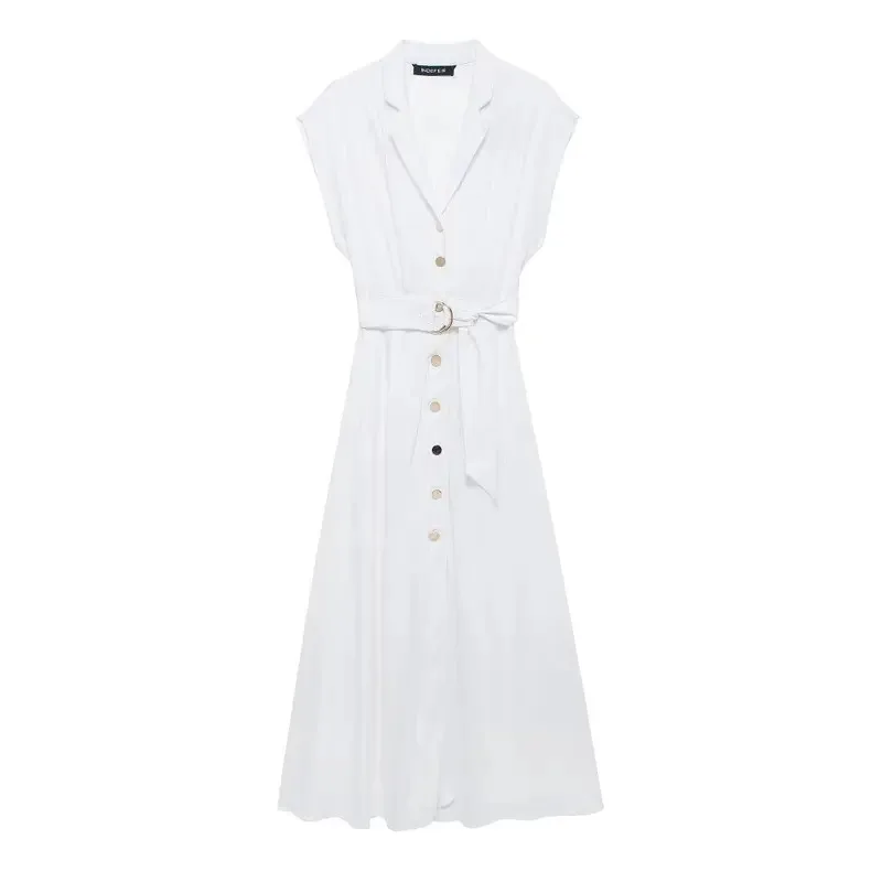 Elegant V-neck Midi Dress for Women Summer New Style Fashionable All-match Commuting Holiday Robe with Belt