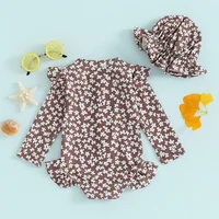 Baby Girls Bathing Suit Outfits Round Neck Flower Print Long Sleeve Zipper Swimsuit and Swim Cap Toddler Baby Beach Wear Set 2