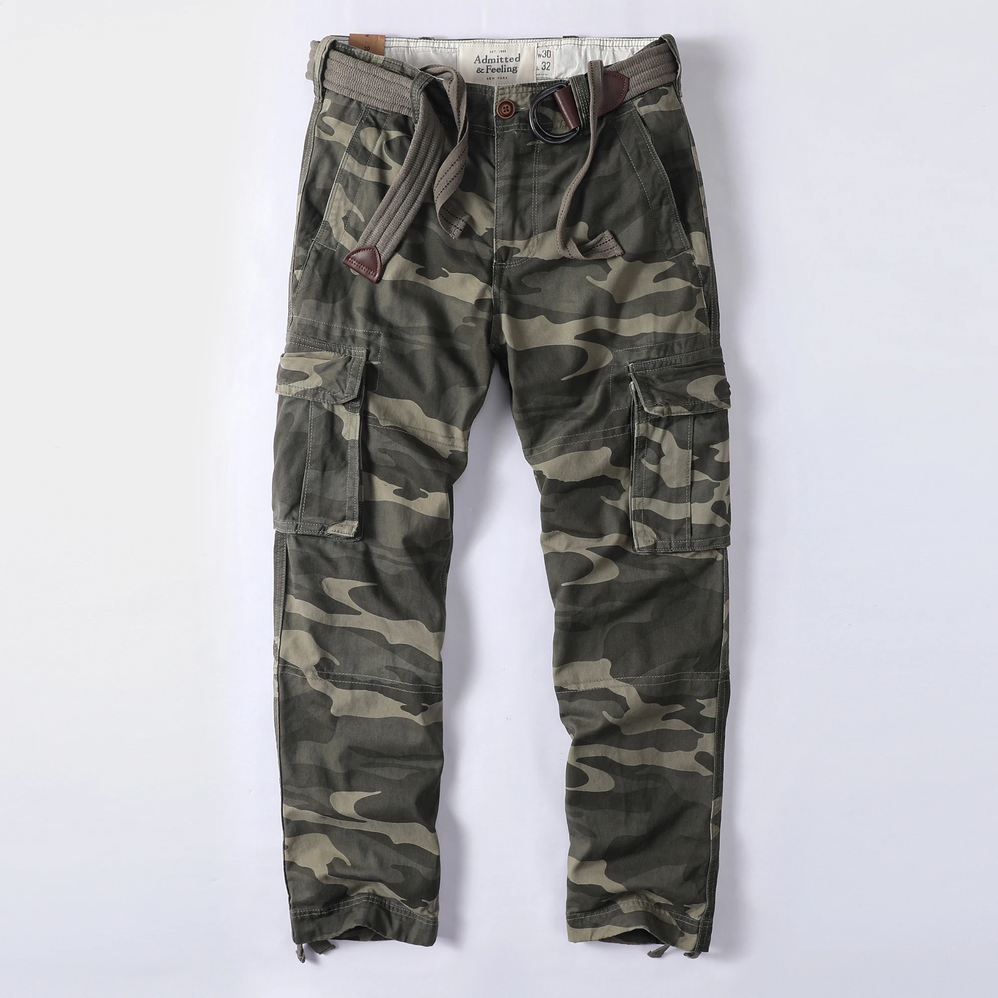 

Men's Cotton Casual Pants Multi Pockets Military Camouflage Cargo Pants with Belt Retro Autumn Outdoor Hiking/Fishing Pants