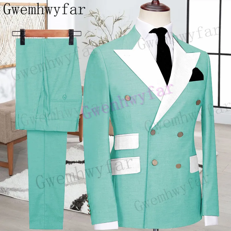 

Gwenhwyfar Mint Green New Men's Business Double Breasted Solid Color Suit Coat / Male Slim Wedding 2 Pieces Blazers Jacket Pants