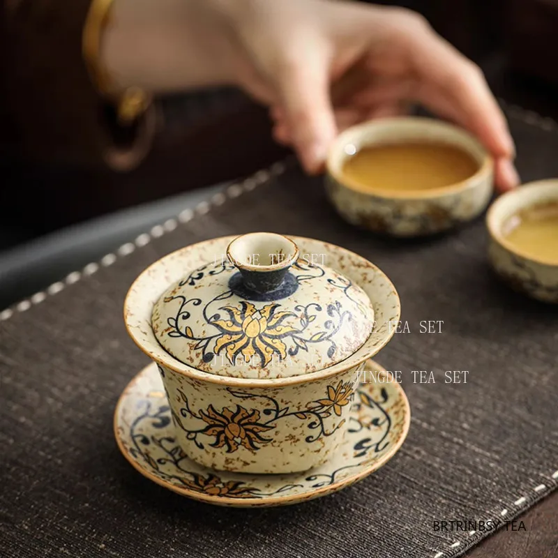 Ceramic Sancai Cover Bowl Household Large Hover Lid Bowl Chinese Style Tea Bowl with Lid Drinking Utensils Tea Set Accessories