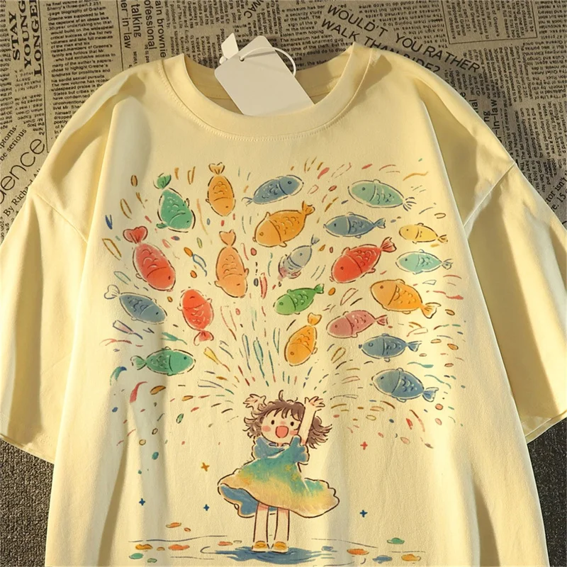Fish Cute Girls Print Cotton Women T shirts Summer Oversize Japan Short Sleeve Breathable Casual Women's T-shirt Tops Tee Y2k 4