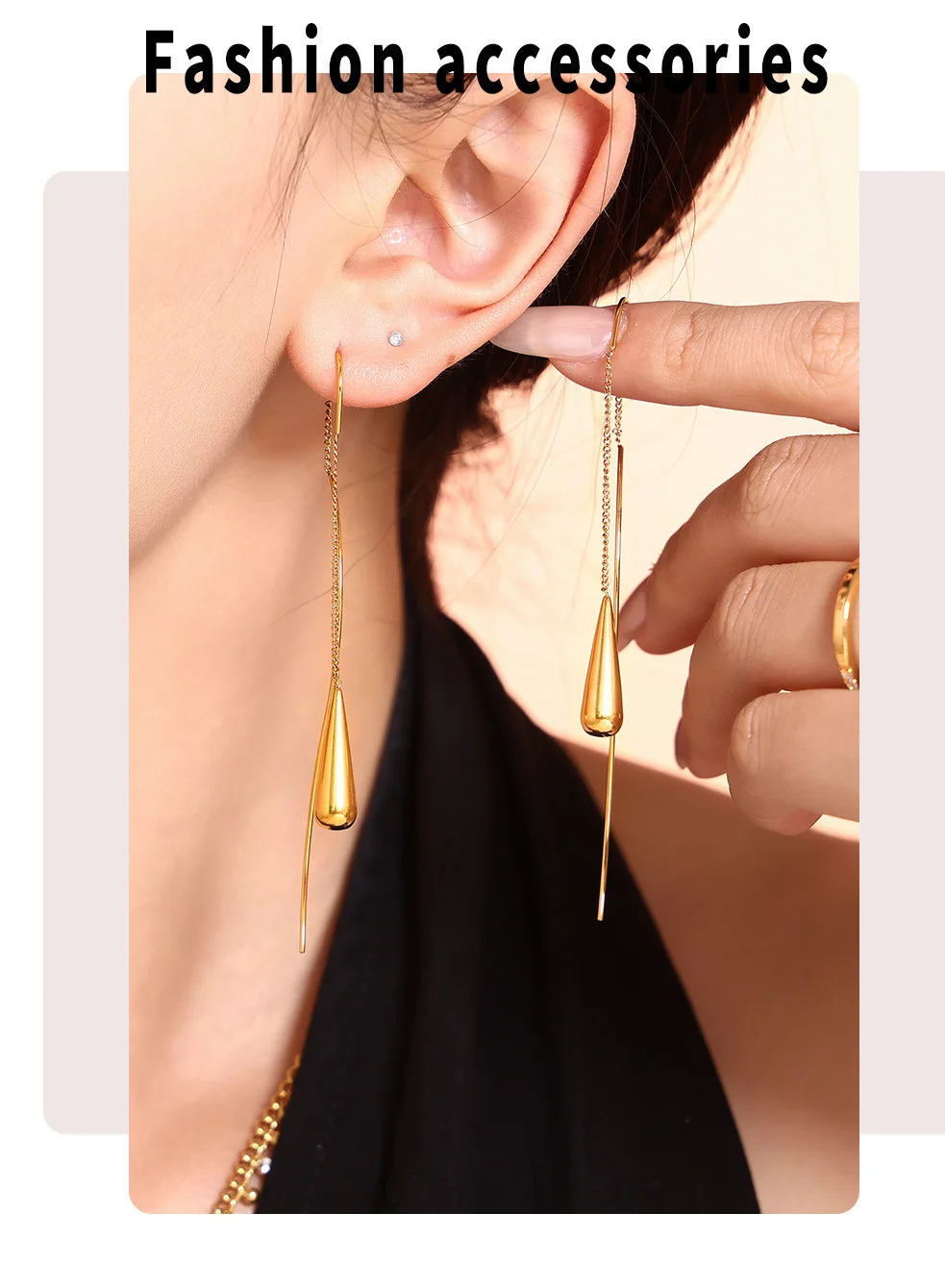Trendige Wassertropfen-Ohrringe für Damen, Edelstahl 316, vergoldet, lange Kette, Quaste, elegante Ohrringe, Mädchen-Schmuck, Geschenk – Detail 7