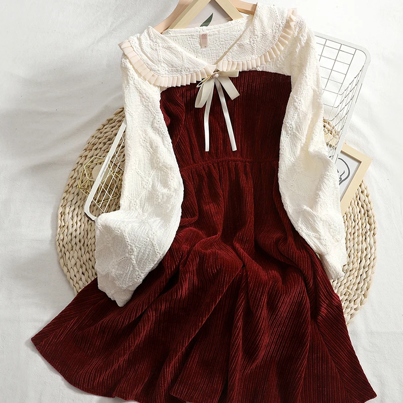 

Women Dress 2022 Spring Autumn French Gentle Doll Collar Loose Patchwork Color Lantern Sleeve Stitching Design Pleated Vestidos