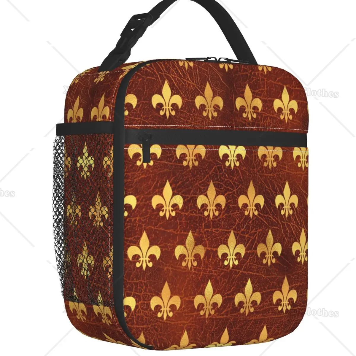 

Custom Royal Gold Brown Leather Fleur De Lis Lily Flower Lunch Bag Thermal Cooler Insulated Lunch Box for Men Women Kids Trip