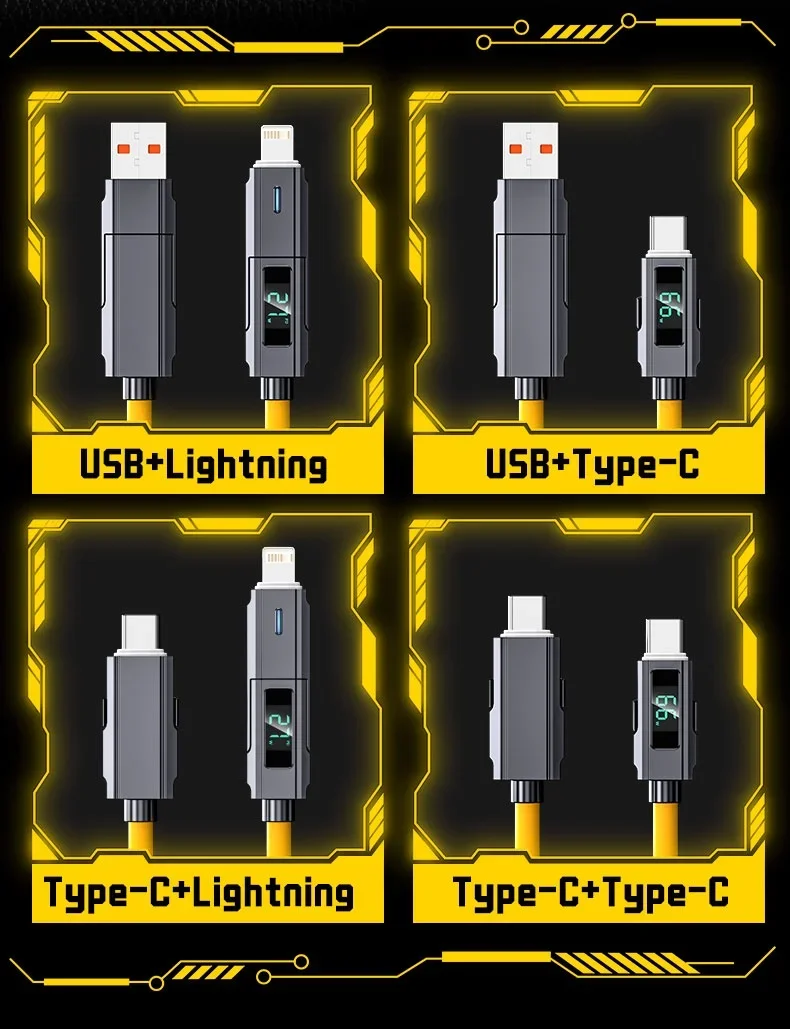 4 in 1 USB C Data Cable Digital Display Silicone for Iphone PD 66W Zinc Alloy Fast Charging Cable Line Type C with LED Design