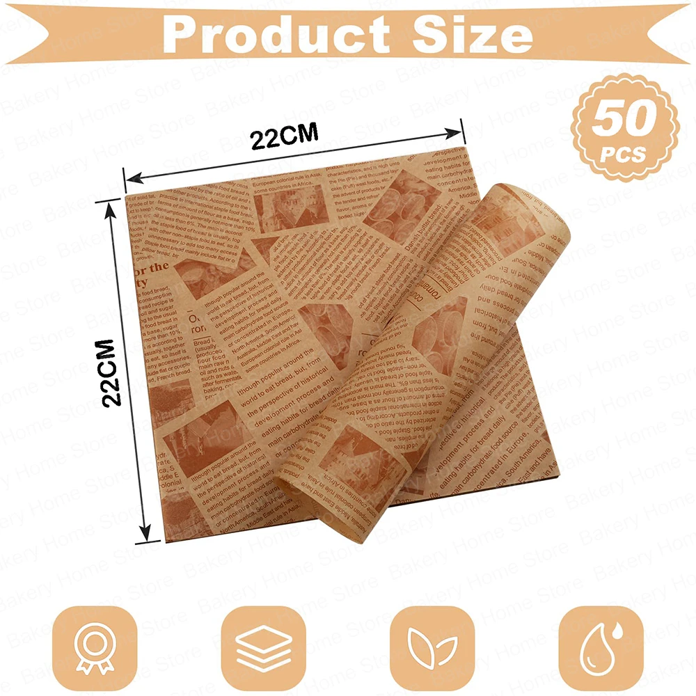 50PCS Square Disposable Deli Wax Paper Sheets for Food Basket Liners Old Newspaper Style Mat for Wrapping Breads Burgers French