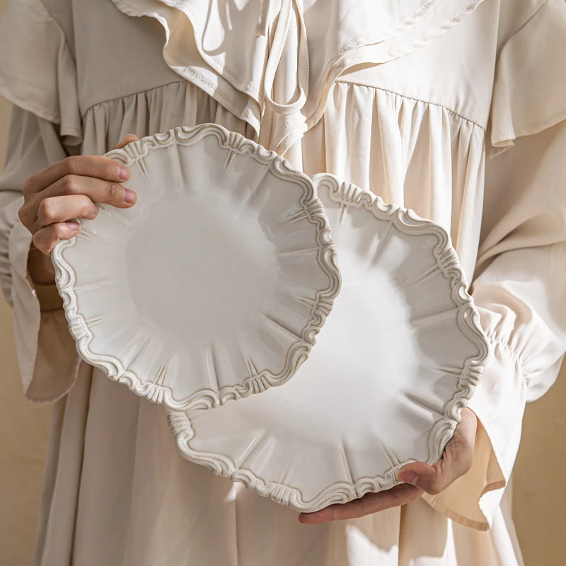 Elegant Classical Plate French Retro Ceramic Dishes Home Plate Rice Bowl Party Tableware Set White Lace Embossed Dinner