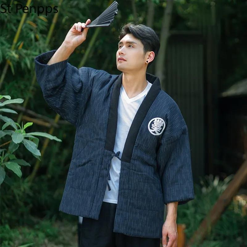 Winter Men Keep Warm Thick Kimono Top Coat Traditional Japanese Samurai Cosplay Costumes Classic Male Haori Cotton-Padded Jacket |