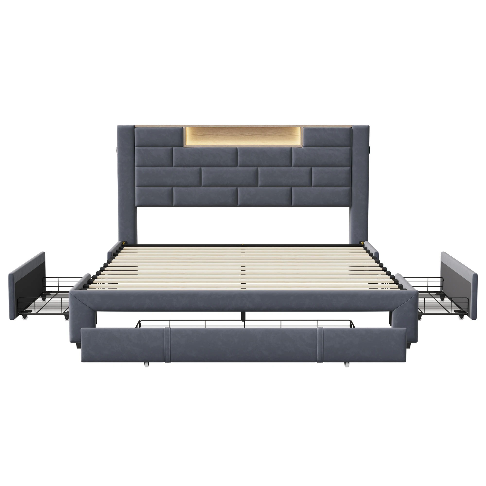 Lazyspace Samt-Doppelbett mit 3 Schubladen, 140/160 x 200 cm, Kopfteil mit LED und Ladeanschluss, Lattenrost aus Holz – Detail 8