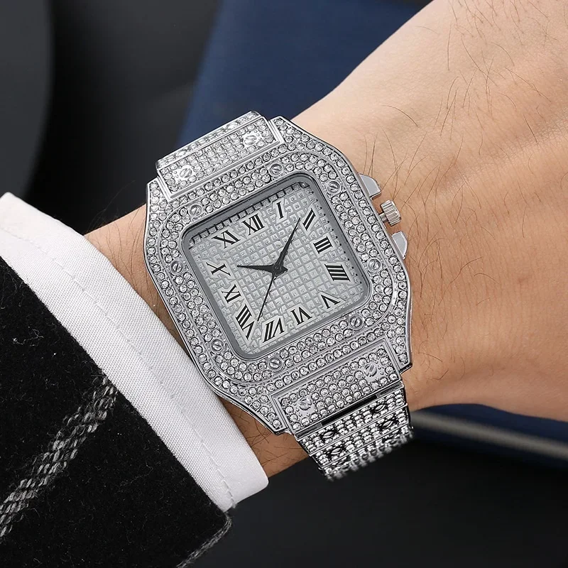 Punk Men Women New Men's Watch Quartz Hip Hop Fashion Leisure Square Alloy Steel Band Diamond Gold Watch for Classmate Gift 3