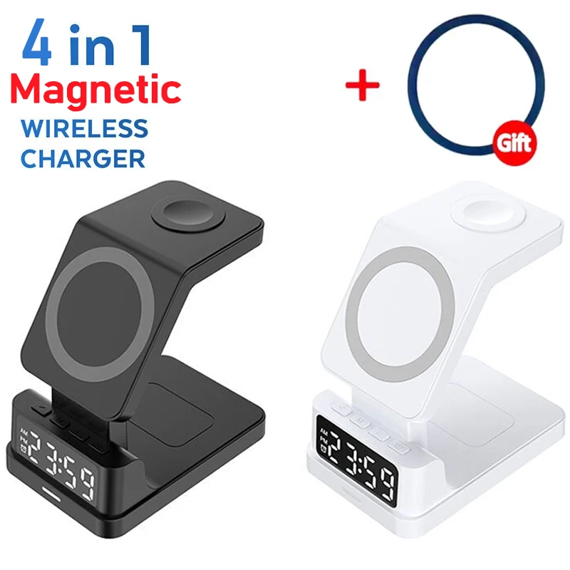 4 v 1 30W magnetický bezdrátový nabíječka stánek alarm hodiny postit se nabíjení nádraží pro iPhone 15 14 13 12 jablko hodinky 8 7 airprods pro