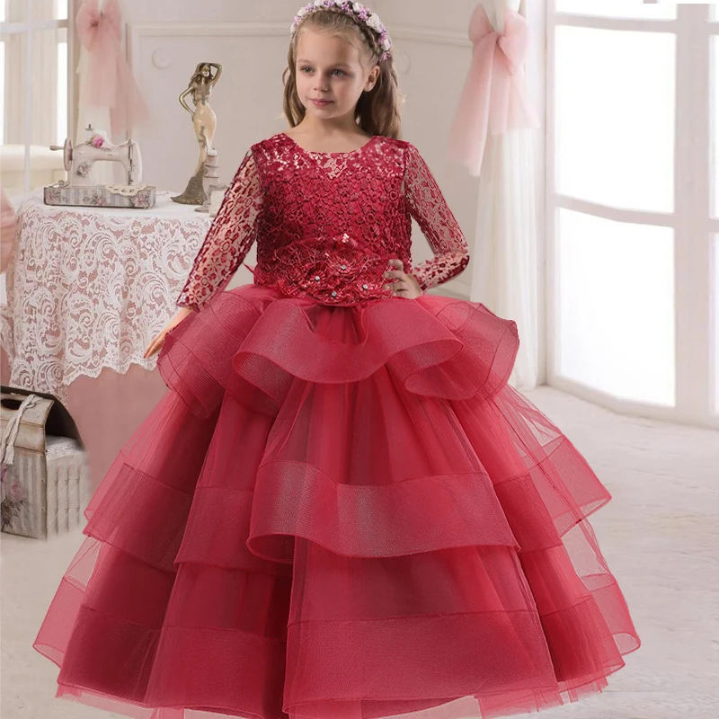 

4-14 year old new flower girl elegant party dress long sleeve temperament girl birthday party princess dress tulle long dress