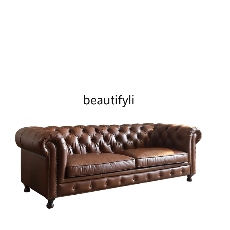 

American Sofa Retro Style Distressed Pull Buckle Sofa Antique Style Oil Wax Leather First Layer Cow Living Room Sofa furniture