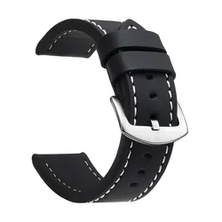 Vintage Leather Sport Watch Band with Stainless Steel Buckle - 22mm (Black White Silver)