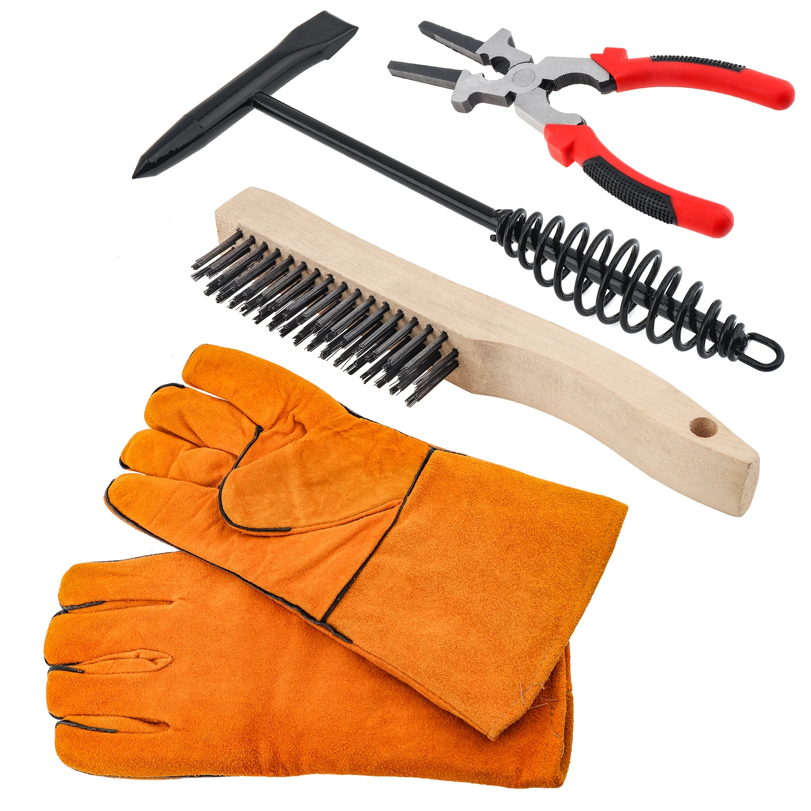 Welding Hammers Slag Scratch Wire Brush Welding Plier Slag Removal Tool Sets with Coil Spring Handle, Welding Gloves,Gauges