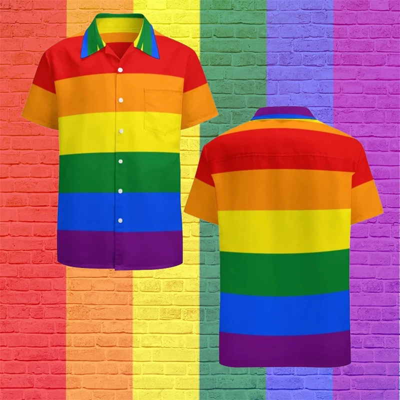 Rainbow Print Shirts Men Fashion Hawaiian Shirt Short-sleeved Harajuku Beach Lapel Buttons Blouse Men's Clothing Camisa 2