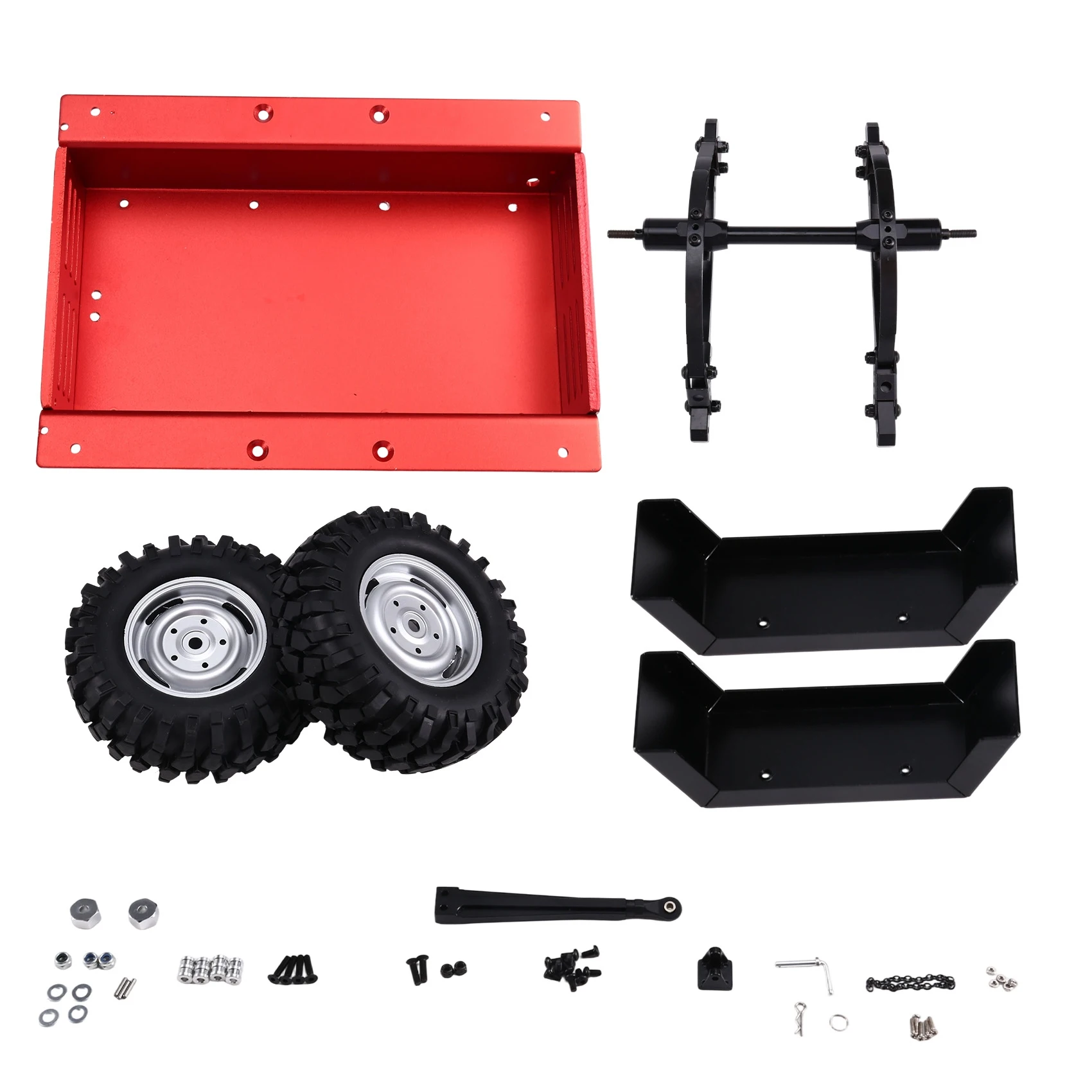 Remorque sur chenilles pour RC Crawler 1/10 attelée à un Axiale SCX10, en action sur un terrain accidenté.